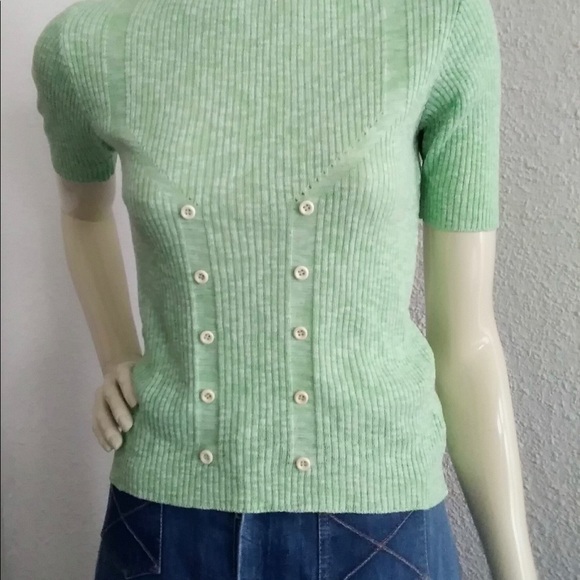VTG 70s ribbed green top sweater buttons wool knit stretchy made in Italy - Picture 3 of 4